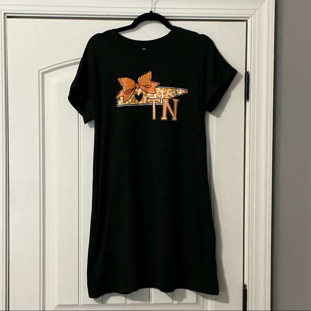 Black T-Shirt Dress with Orange Bow Design
